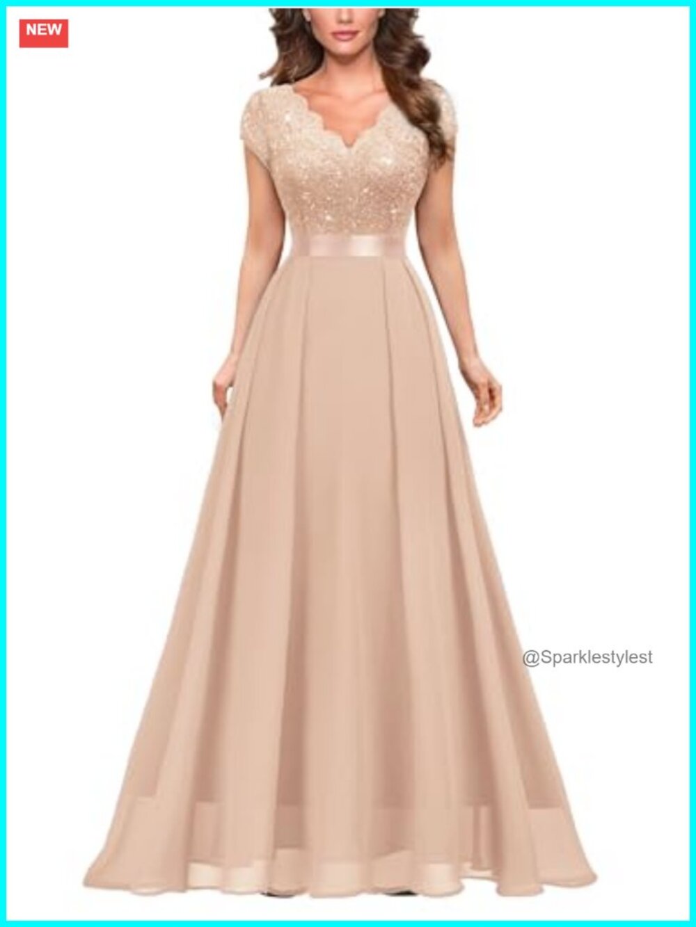 V-Neck Sequined Floral Lace Formal Evening Maxi Dress Cap Sleeve A-Line